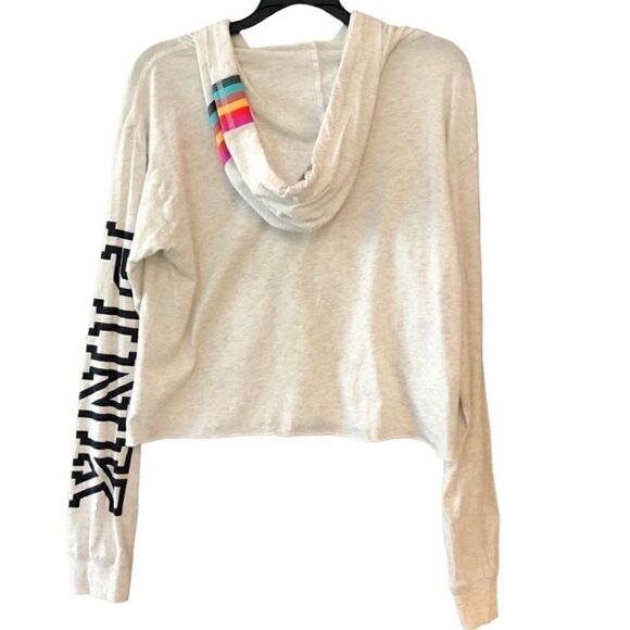 VIctoria Secret Pink Sz XS Gray Rainbow Logo Sleeves Cropped Slouchy Hoodie - Picture 1 of 9
